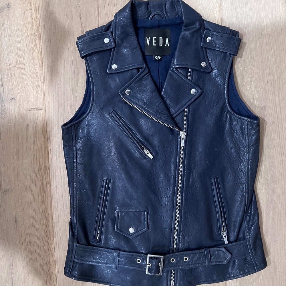 Veda Navy Lamb Leather Moto Vest